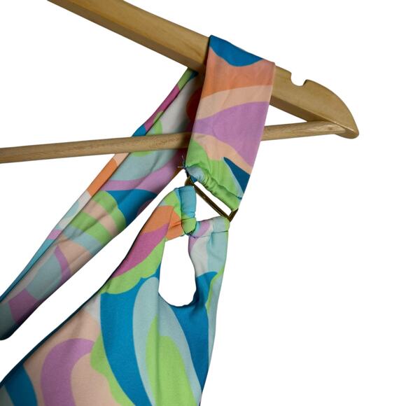 Becca All That Glitter Blue Multicolor Print Halter Tie Back Bikini Swimsuit Top - Picture 3 of 10